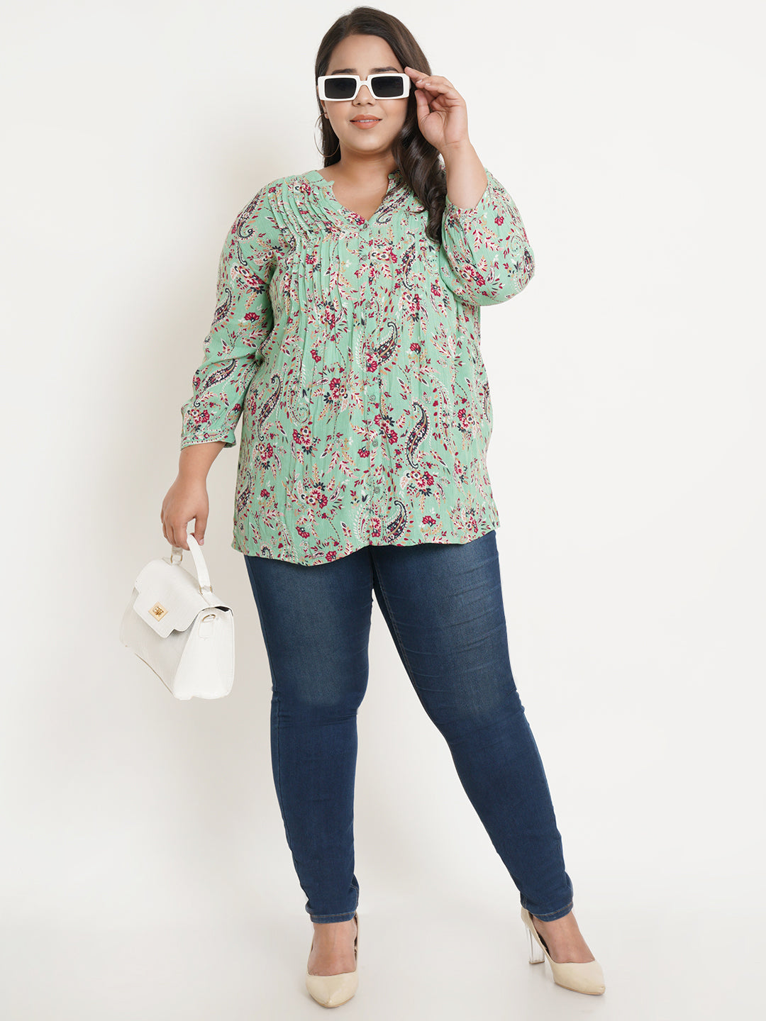 Women Green Floral Mandarin Collar Plus Size Top