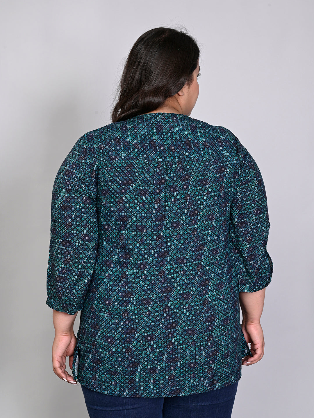 Women Plus Size Green & Navy Blue Printed Pintuck Mandarin Collar Longline Top