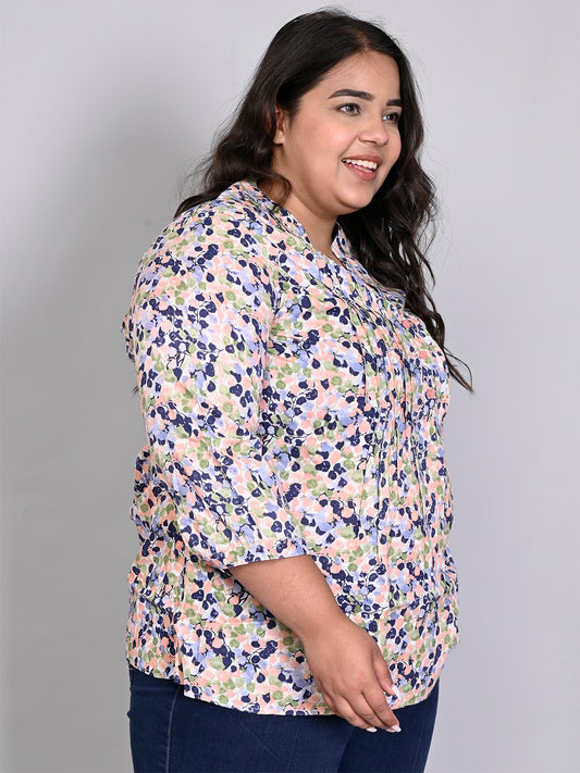 Women Plus Size Multicolor Printed Pintuck Mandarin Collar Longline Top