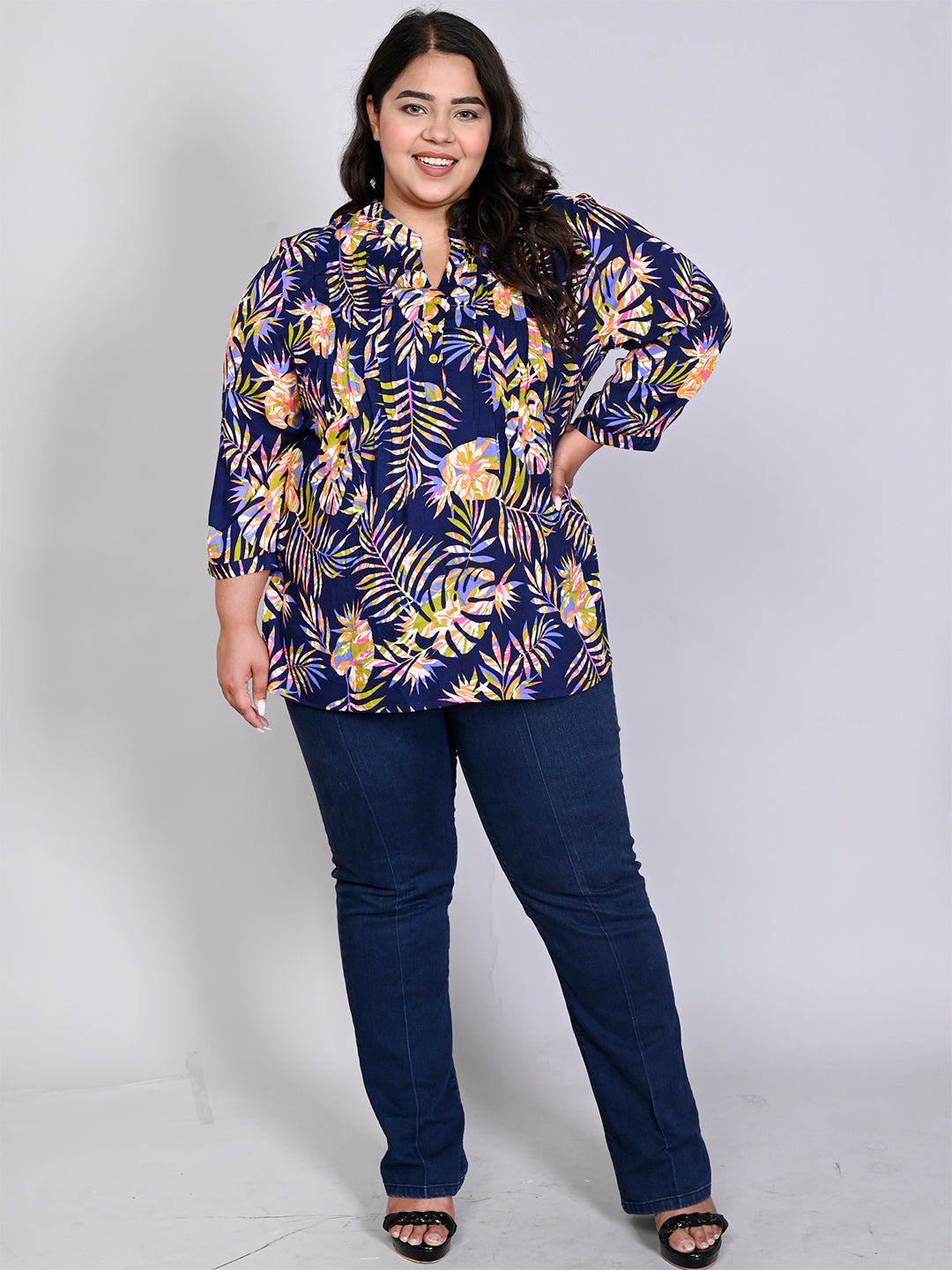 Women Plus Size Navy Blue & Green Printed Pintuck Mandarin Collar Longline Top