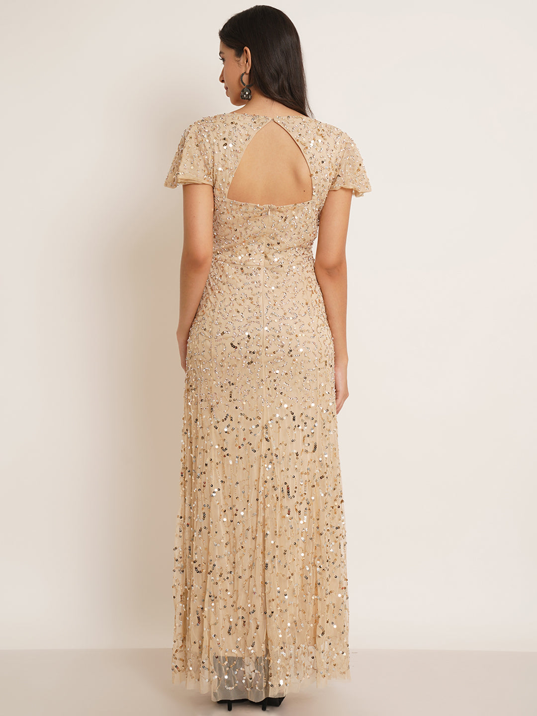 Women Beige Embellished Flutter Sleeves V-Neck Maxi Dress