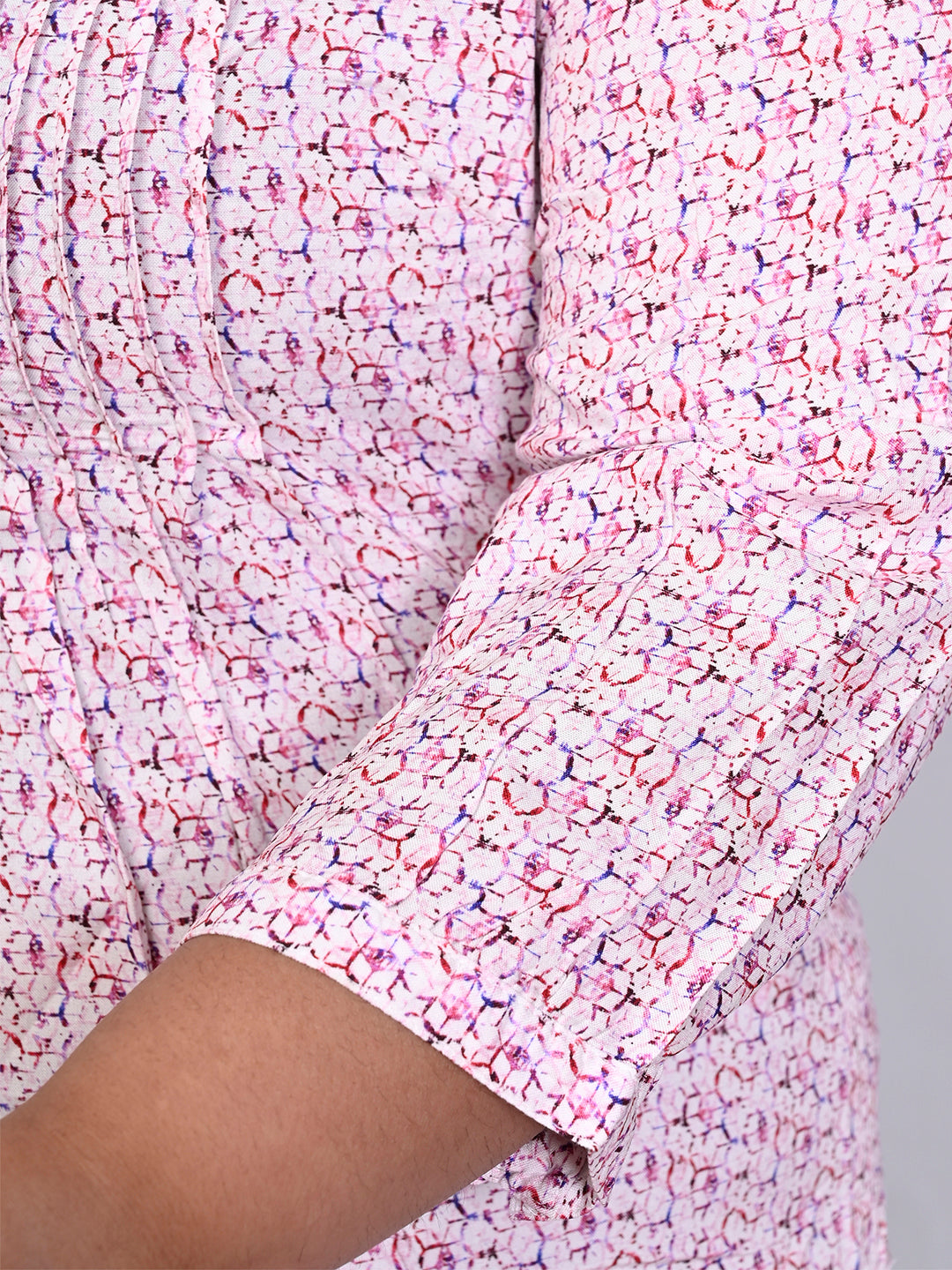 9 Impression Women Pink Printed Pintuck Mandarin Collar Plus Size Top