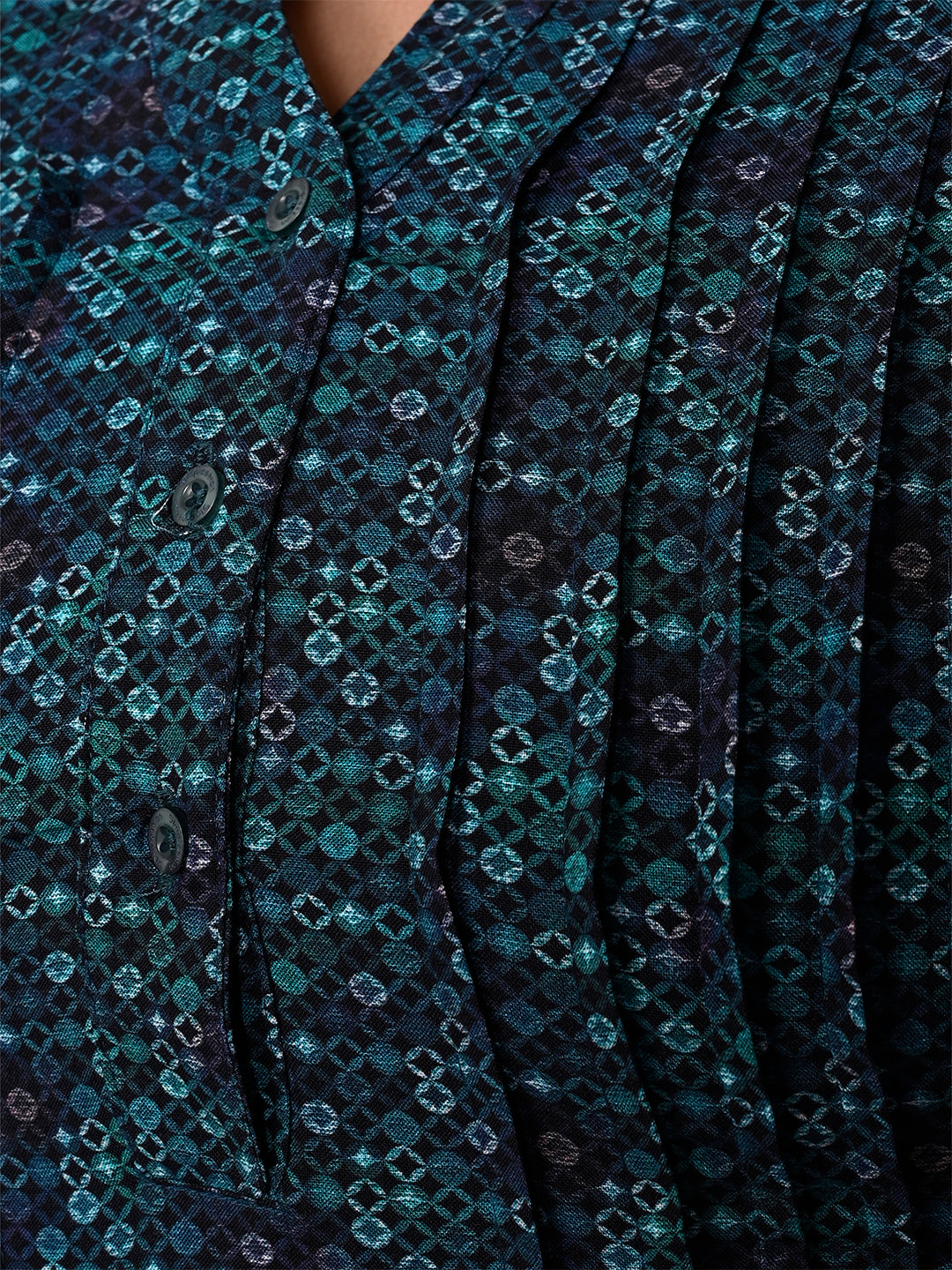 Women Plus Size Green & Navy Blue Printed Pintuck Mandarin Collar Longline Top