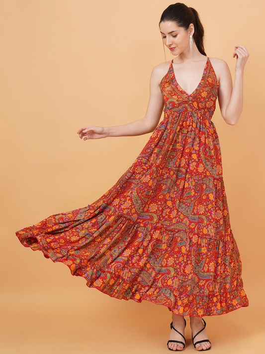 Women Red & Orange Paisley Print Fit & Flare Dress