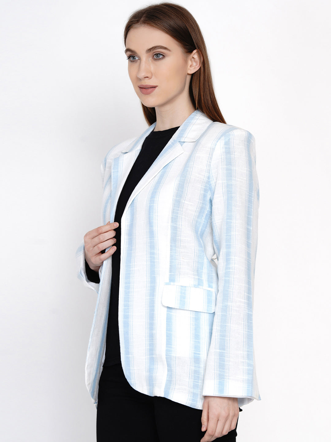 9 Impression Woman White & Blue Stripes Blazzer