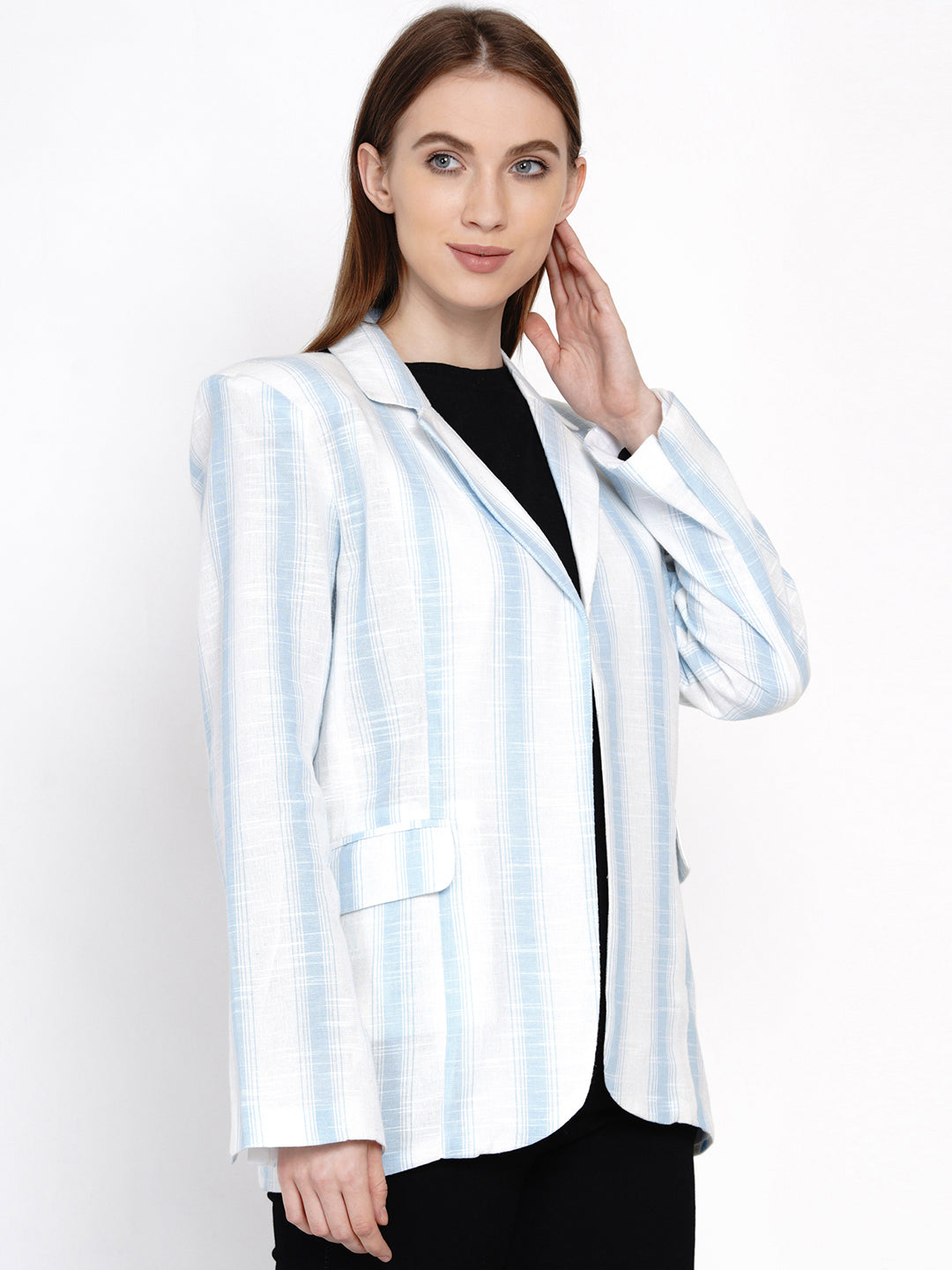 9 Impression Woman White & Blue Stripes Blazzer