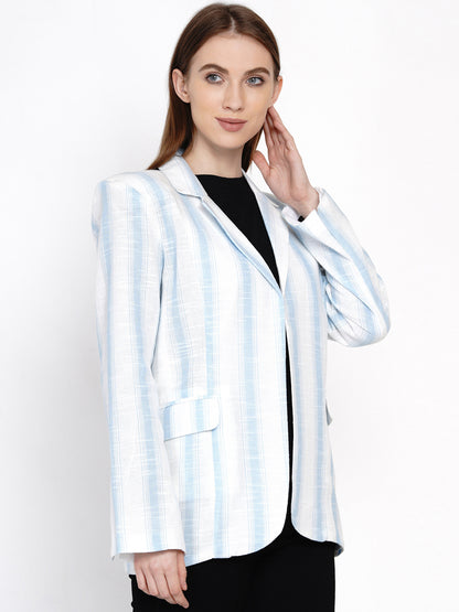 9 Impression Woman White & Blue Stripes Blazzer