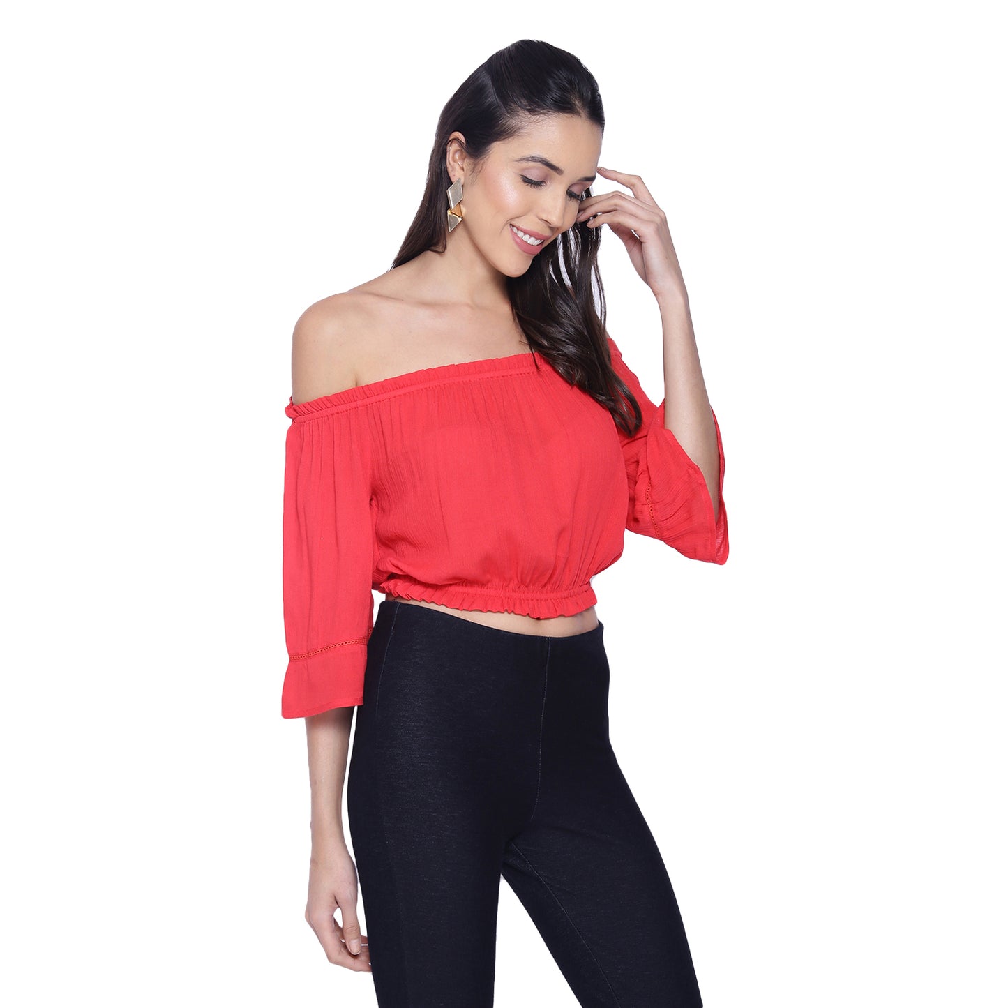 9 Impression Woman Red Off Shoulder Crop Top