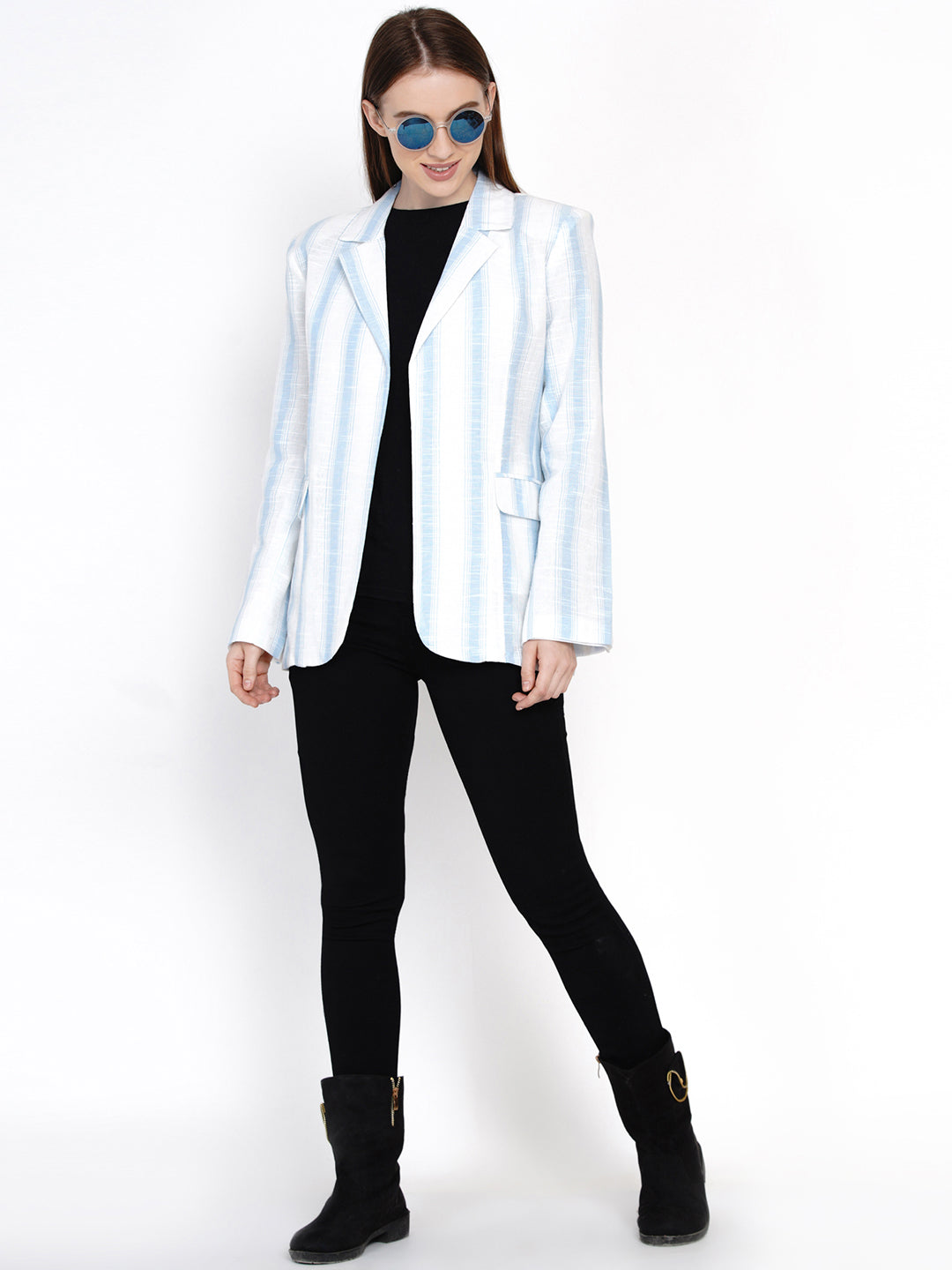 9 Impression Woman White & Blue Stripes Blazzer