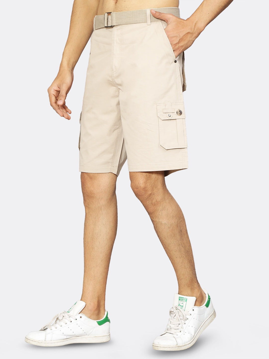 9 Impression Men Beige Solid Regular Fit Organic Cotton Cargo Shorts With Belt