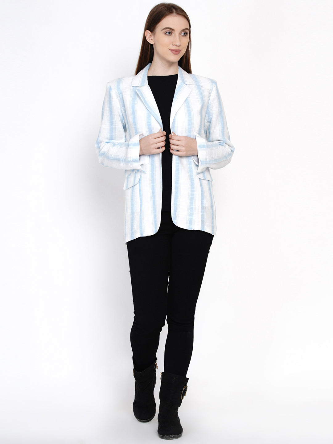 9 Impression Woman White & Blue Stripes Blazzer