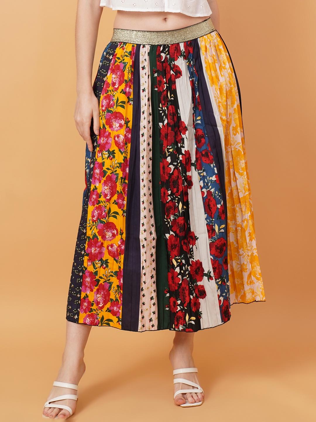 Women Red & Yellow Floral Print Pleated Midi Skirt