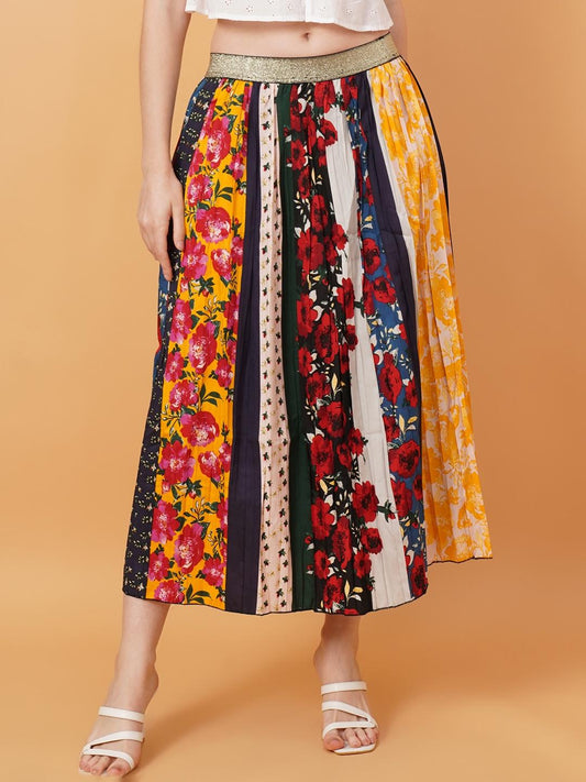 Women Red & Yellow Floral Print Pleated Midi Skirt