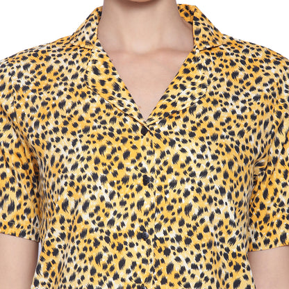 Women's Black & Yellow Printed Polyester Shorts & Shirt Nightsuit Set