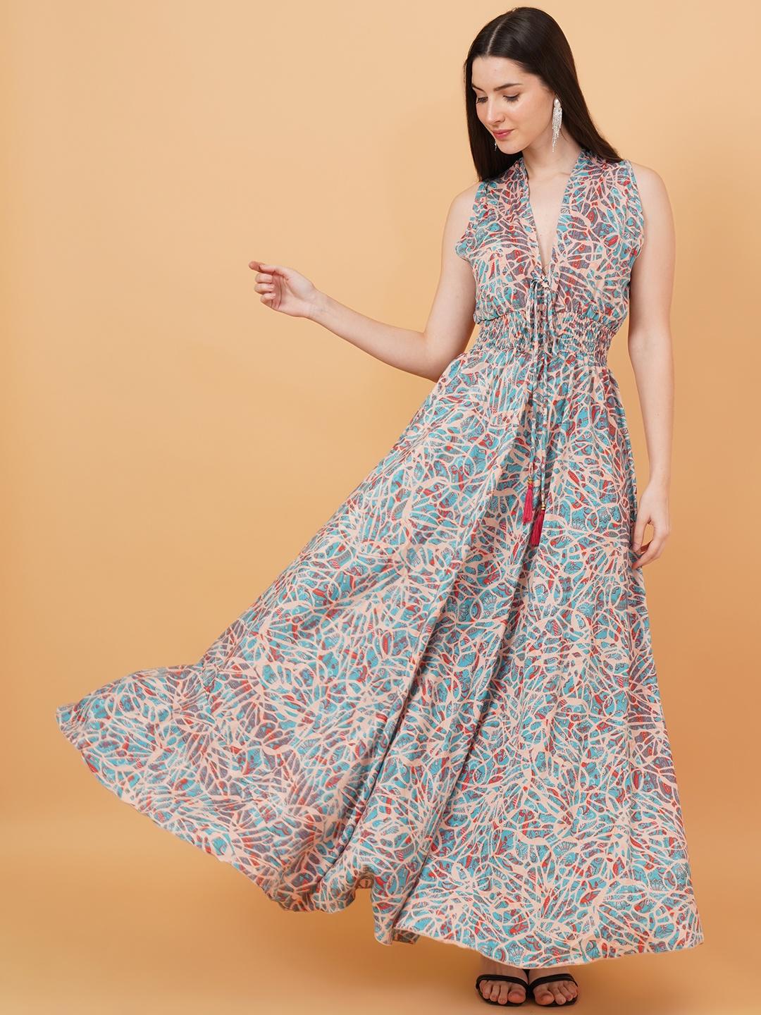 Women Turquoise Blue & Orange Printed Fit & Flare Dress