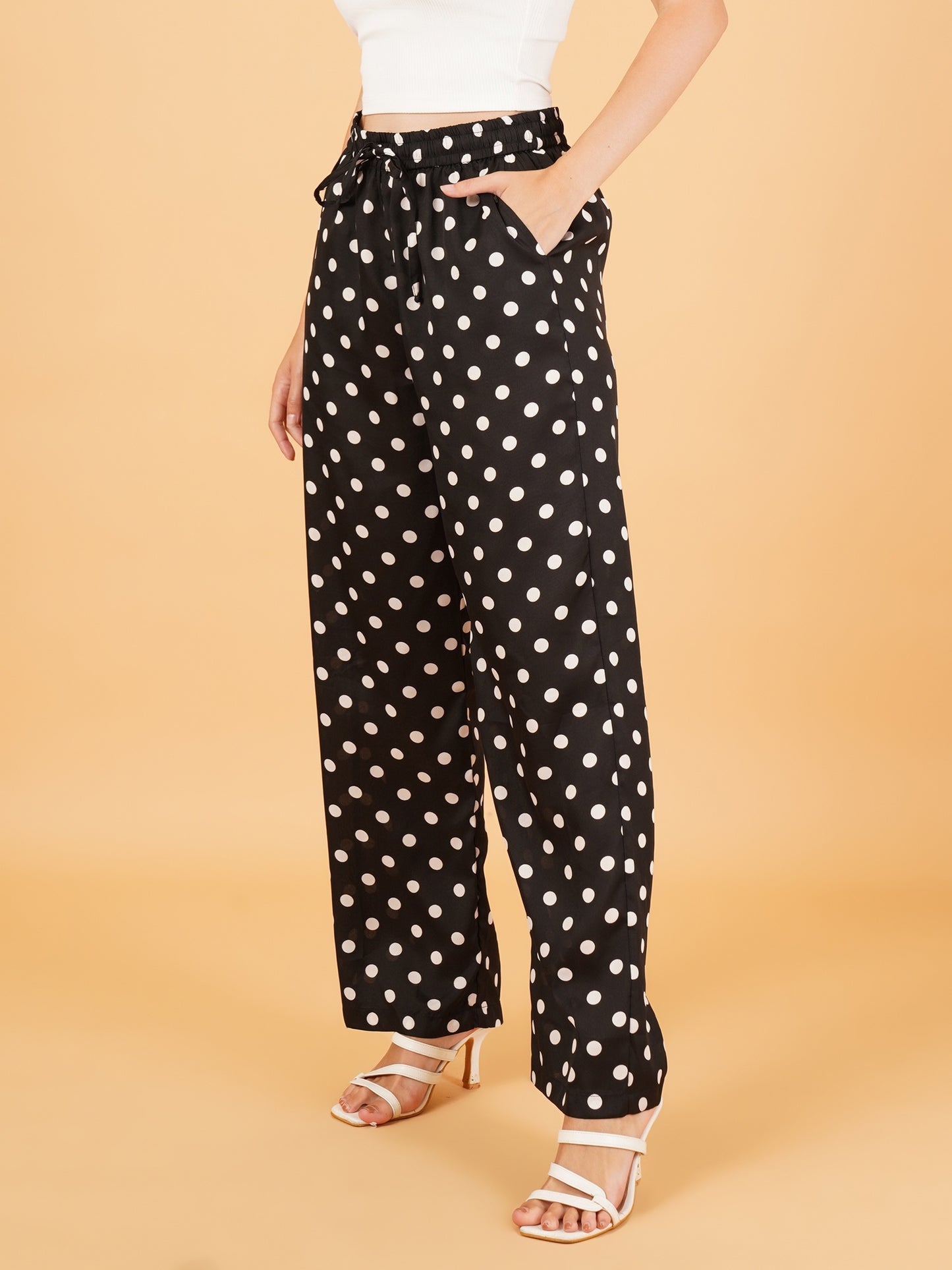 Women Black & White Polka Dot Print Regular Fit Pyjama