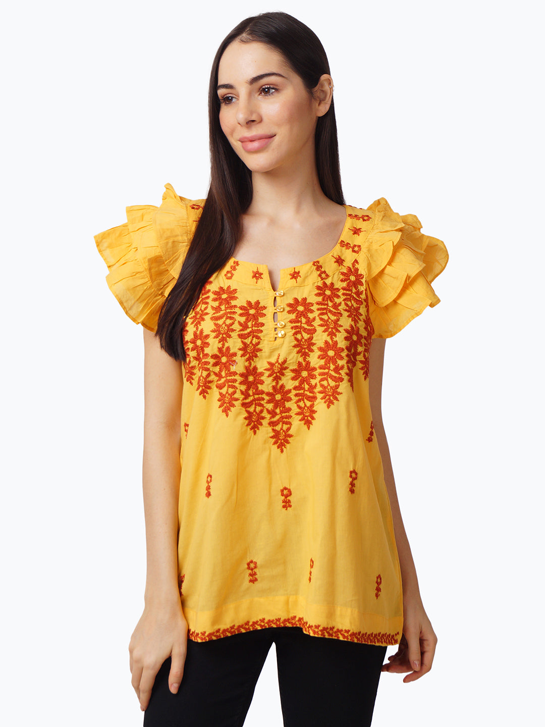 Women Yellow Embroidered Top