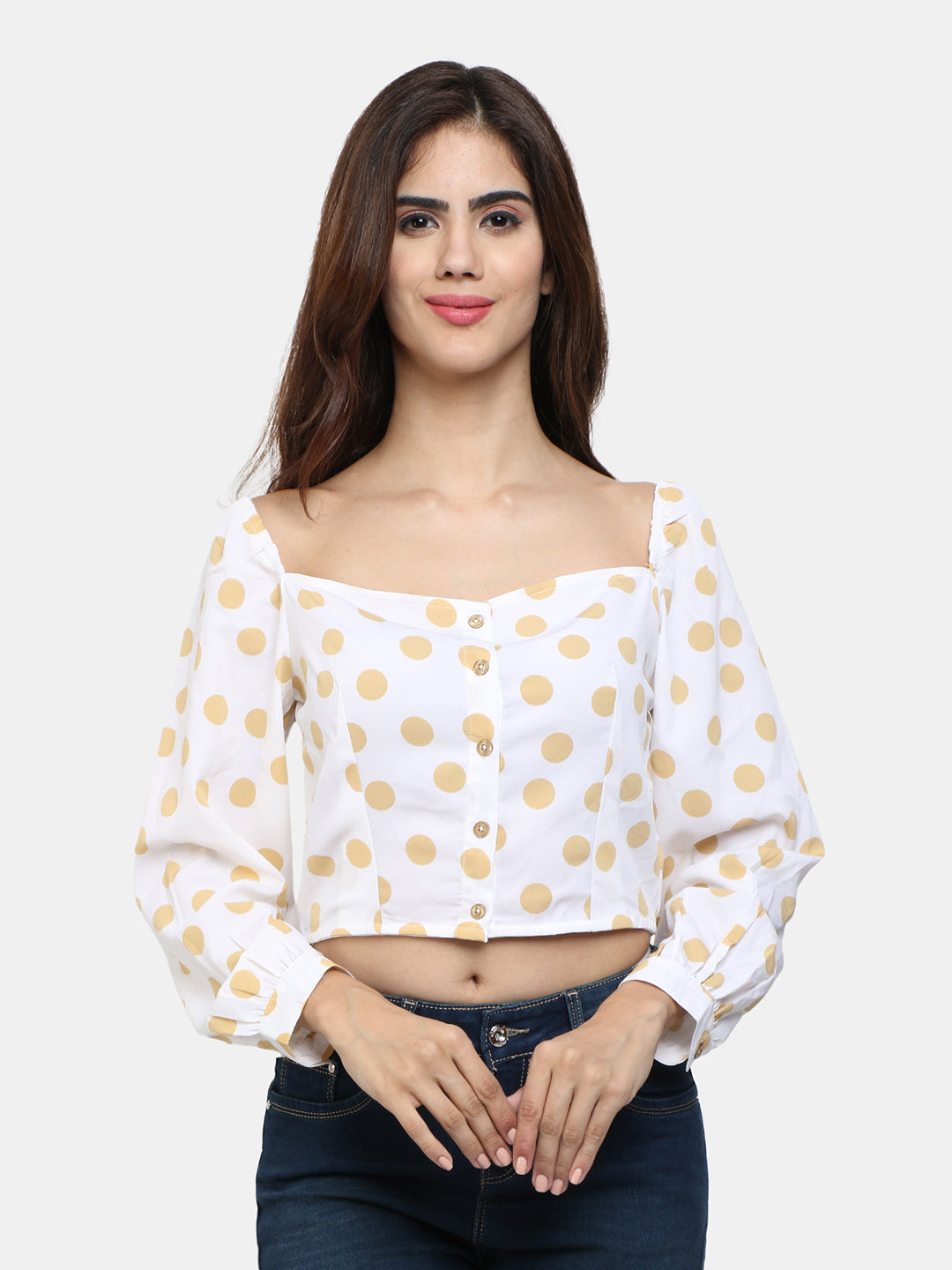 9 Impression Polka Dot Off Shoulder Crop Top