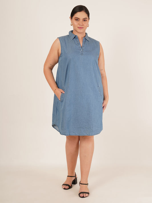 Women Plus Size Sleeveless Denim Collar Shirt Dress
