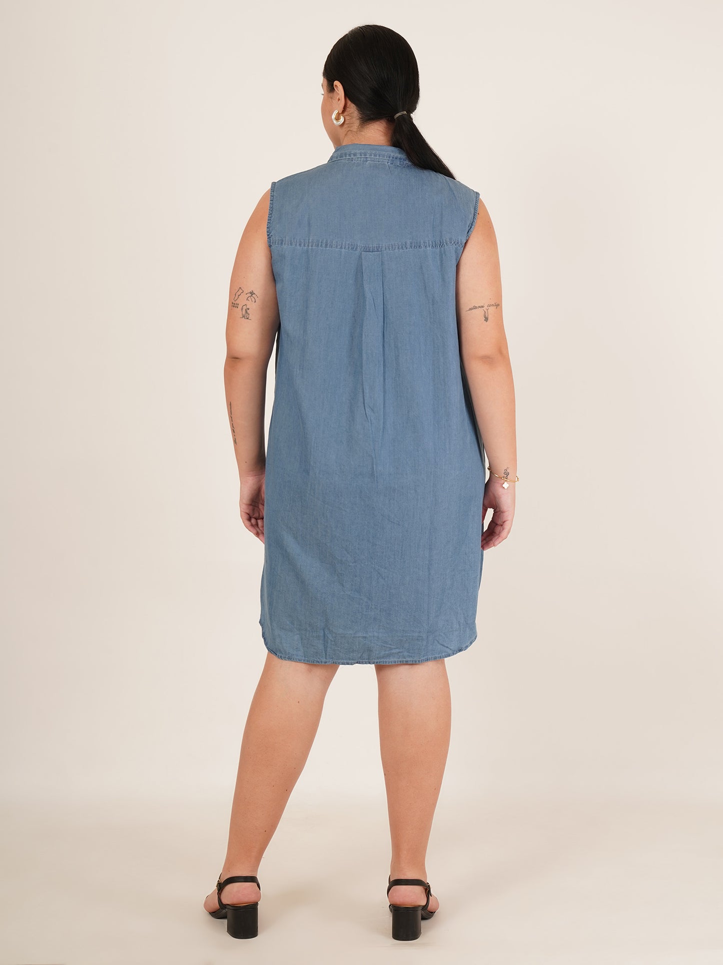 Women Plus Size Sleeveless Denim Collar Shirt Dress