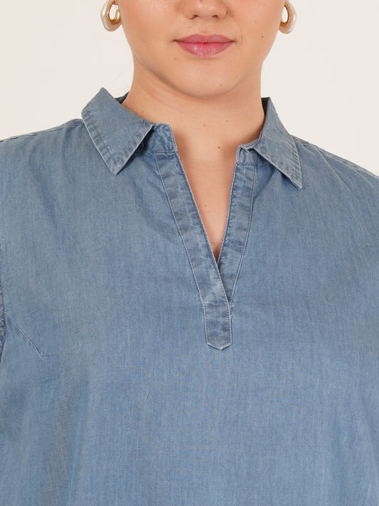 Women Plus Size Sleeveless Denim Collar Shirt Dress