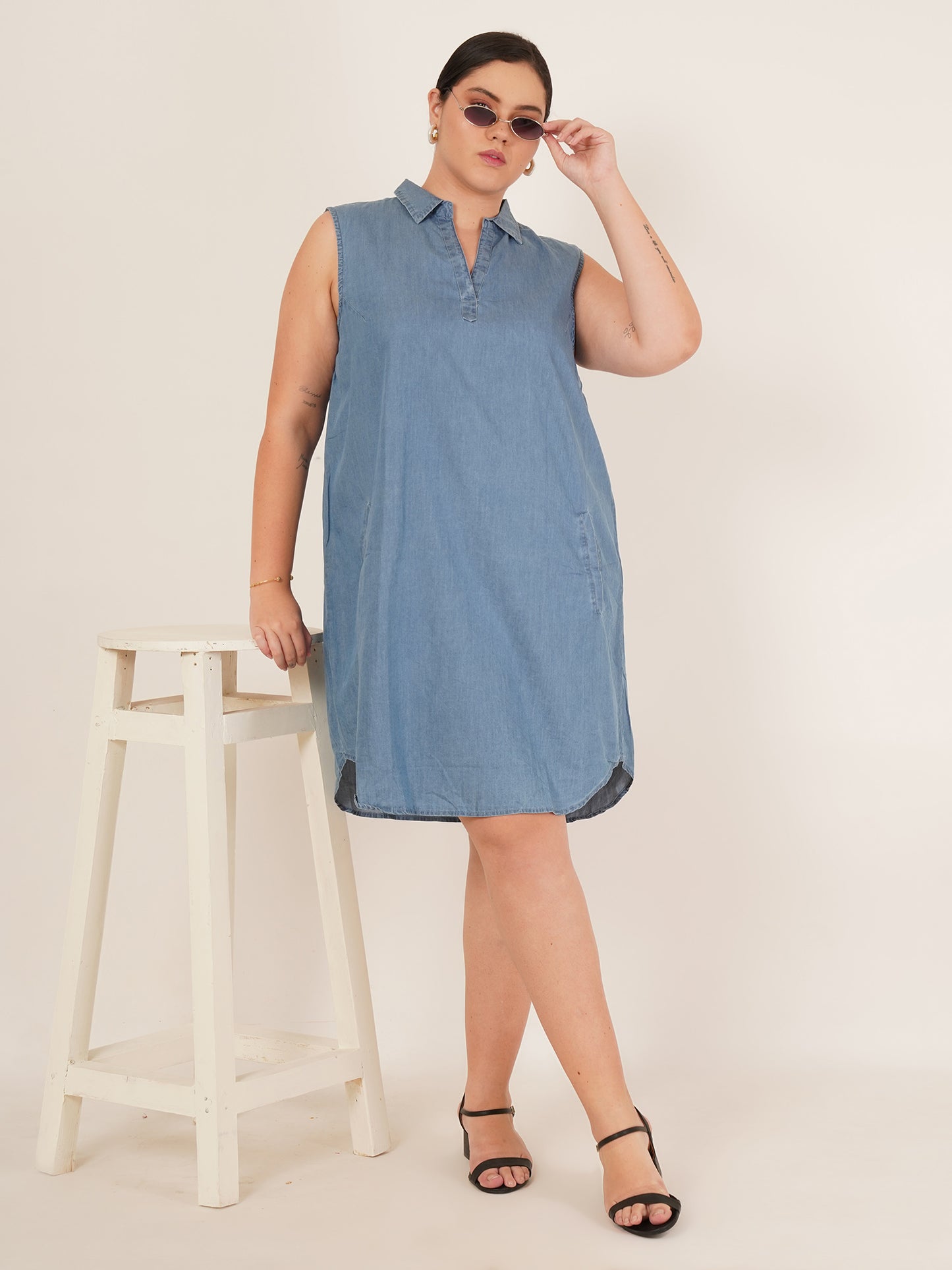 Women Plus Size Sleeveless Denim Collar Shirt Dress