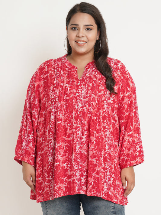 Women Red & White Printed Pintuck Mandarin Collar Plus Size Top