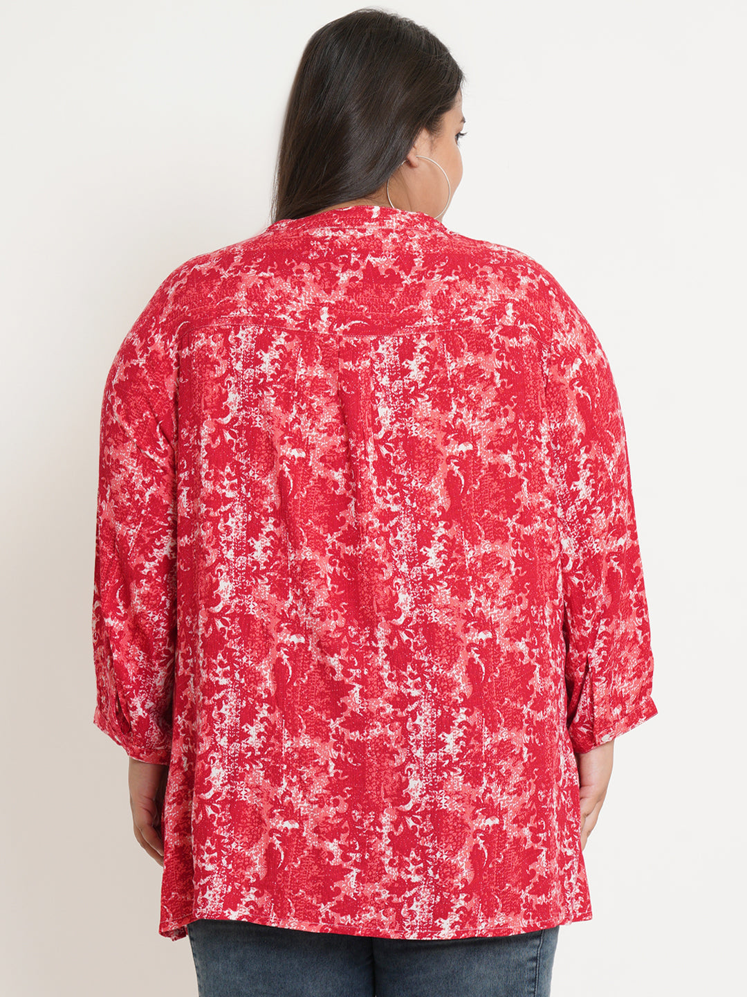 Women Red & White Printed Pintuck Mandarin Collar Plus Size Top