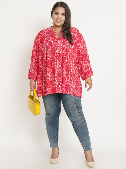 Women Red & White Printed Pintuck Mandarin Collar Plus Size Top