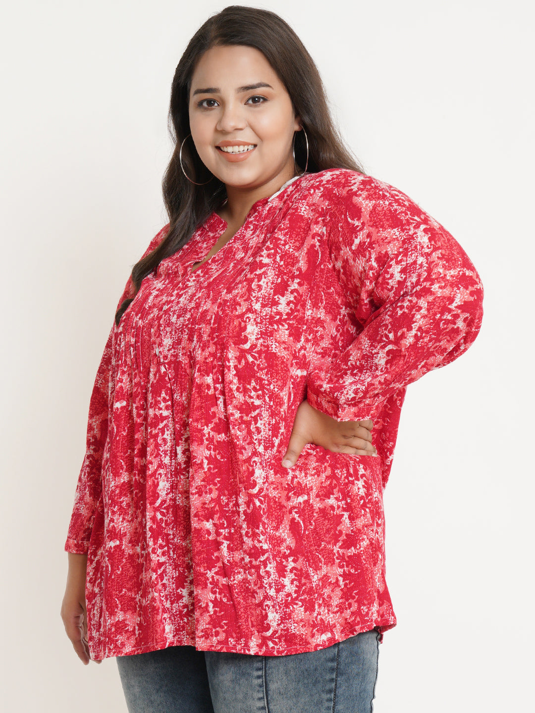 Women Red & White Printed Pintuck Mandarin Collar Plus Size Top