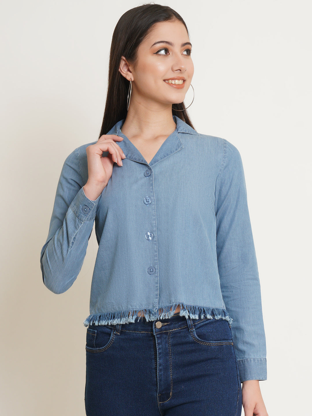 Women Navy Blue Denim Top