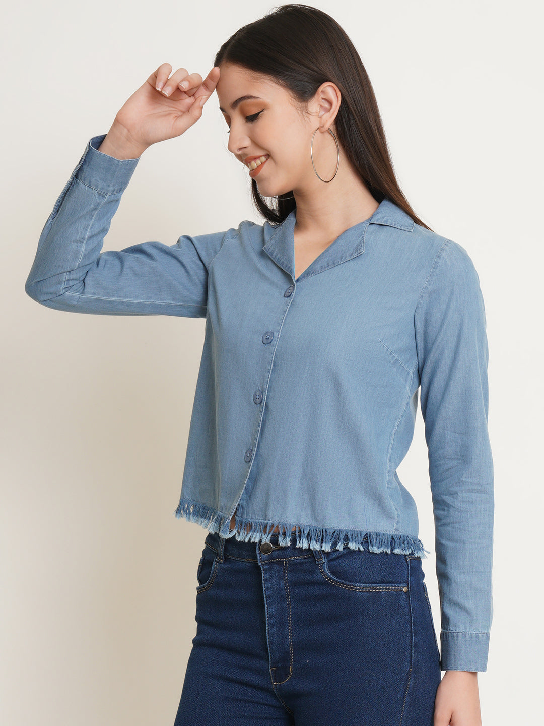 Women Navy Blue Denim Top