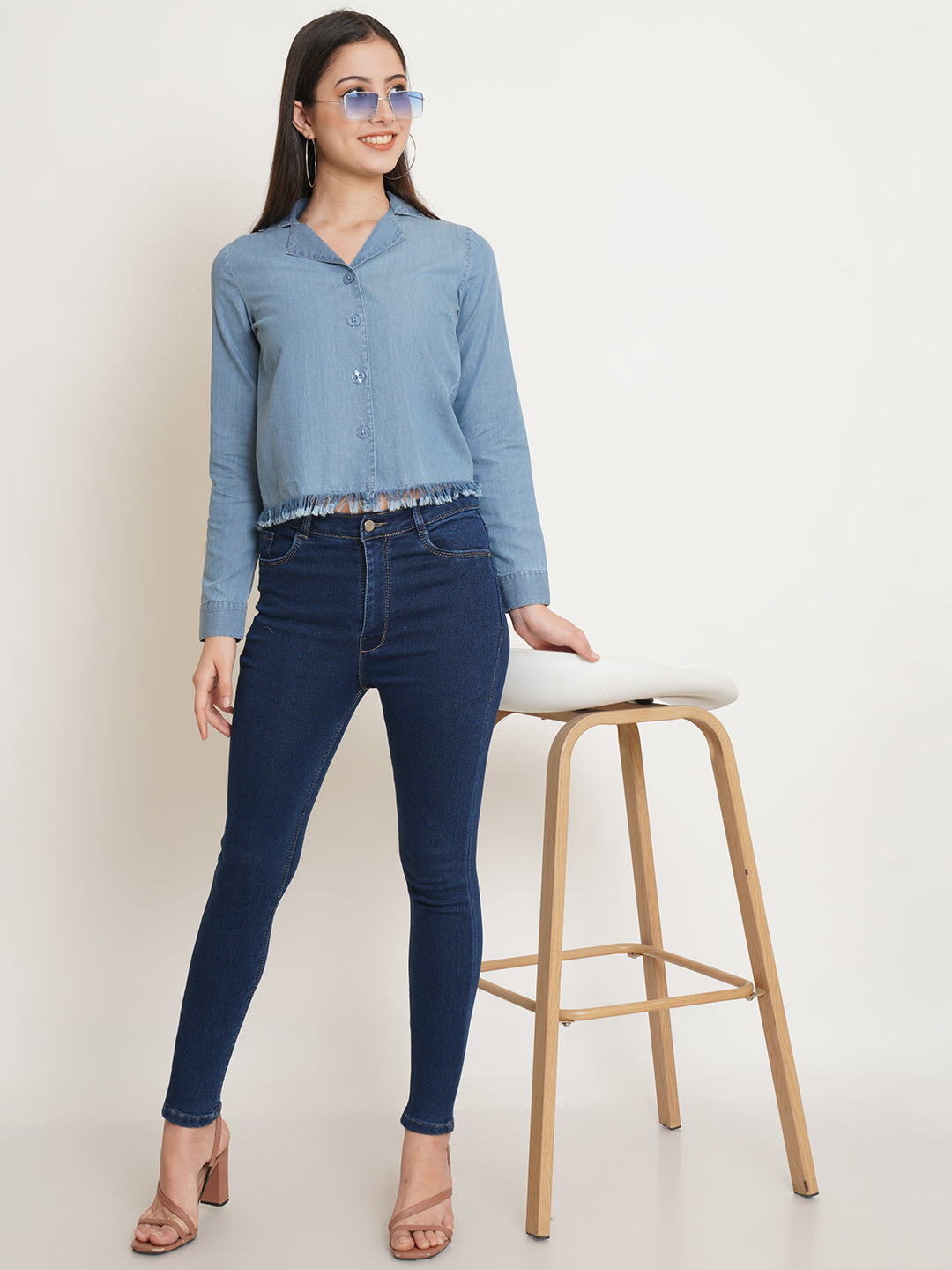 Women Navy Blue Denim Top