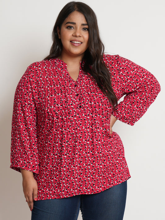 Women Red Printed Pintuck Top