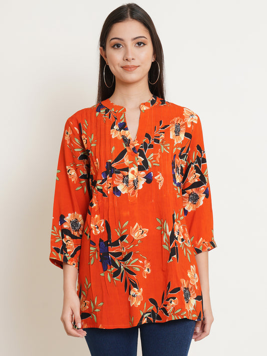 9 Impression Woman Orange Floral Print Kurti