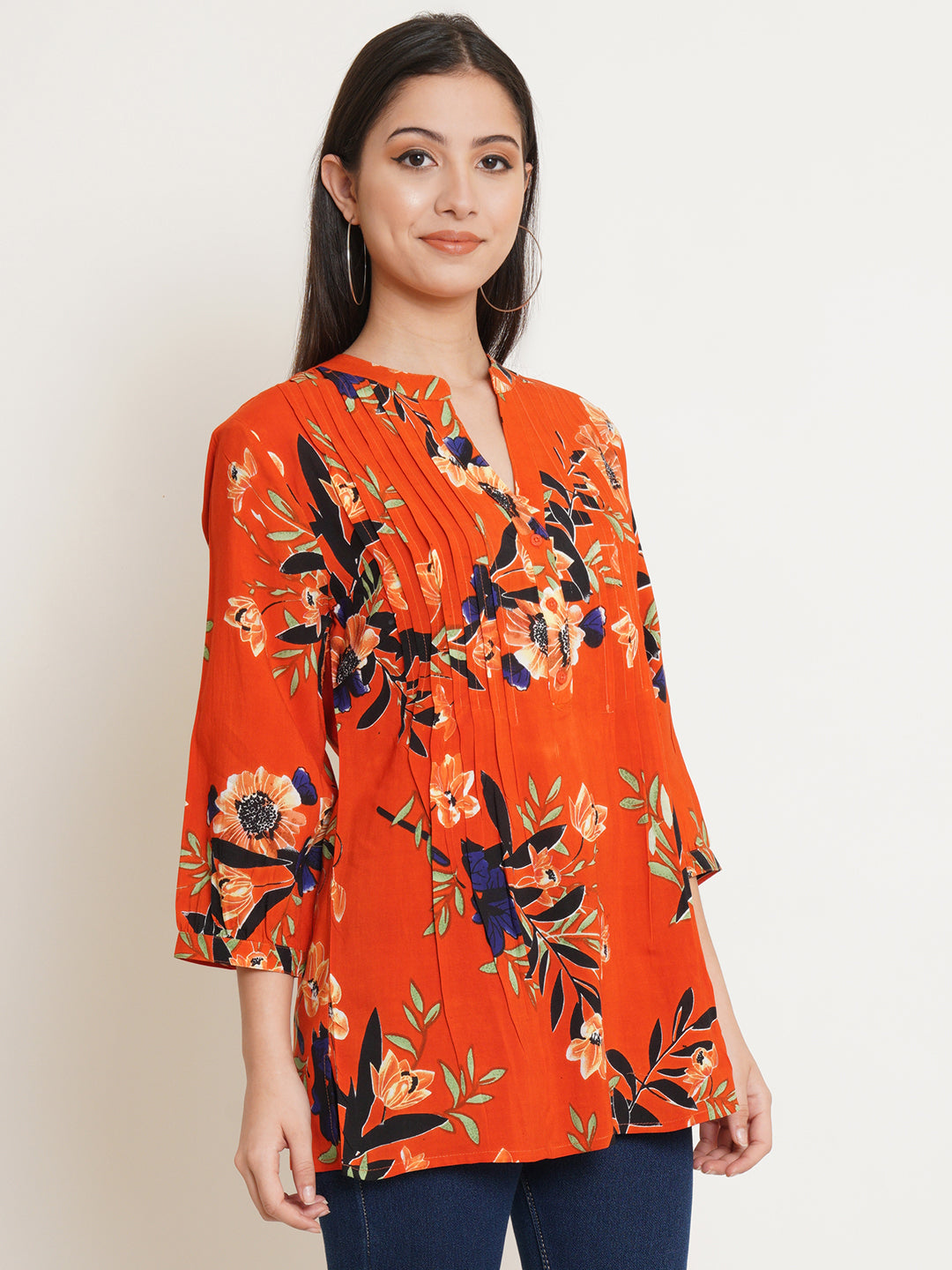 9 Impression Woman Orange Floral Print Kurti