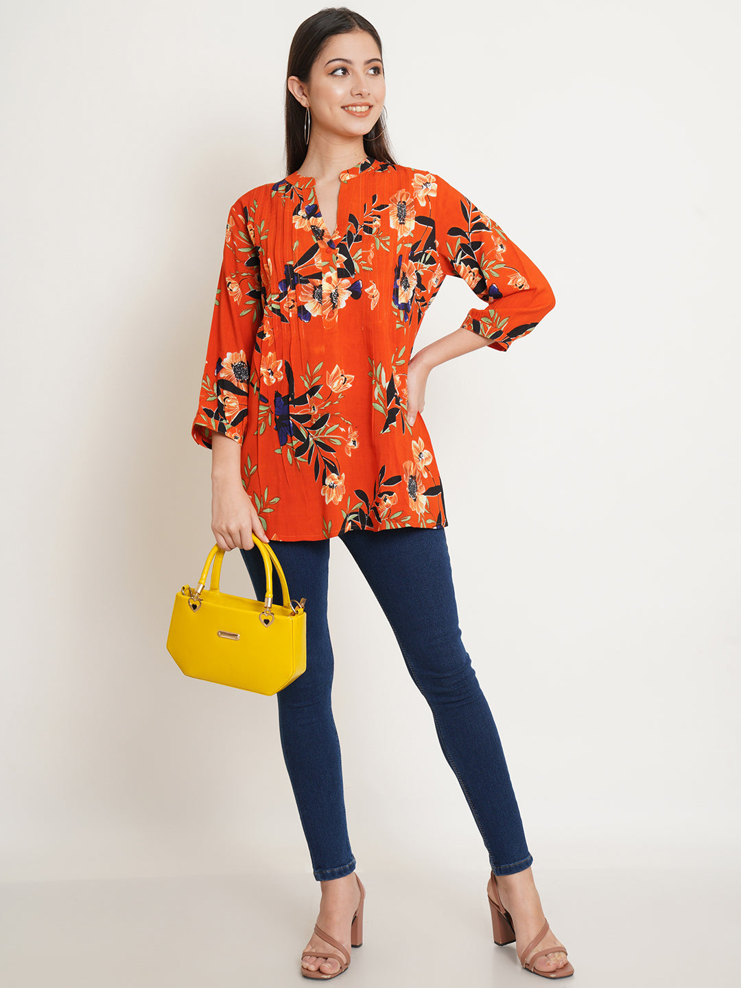 9 Impression Woman Orange Floral Print Kurti