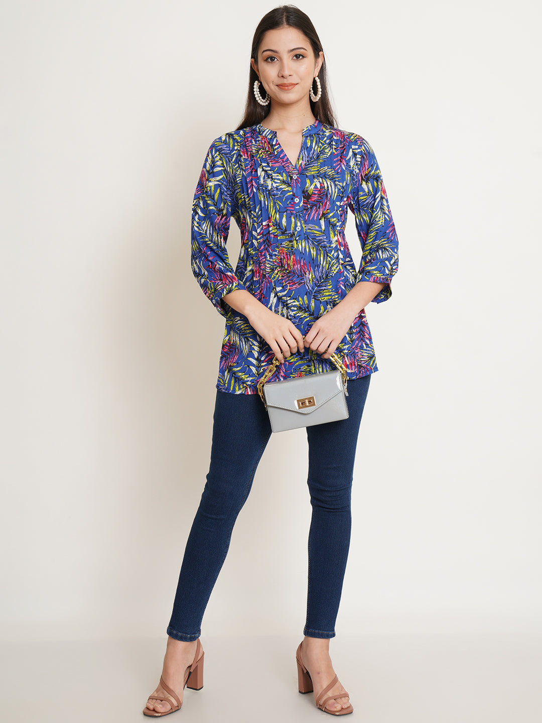 9 Impression Women Navy Blue & Green Leaves Print Pintuck Top