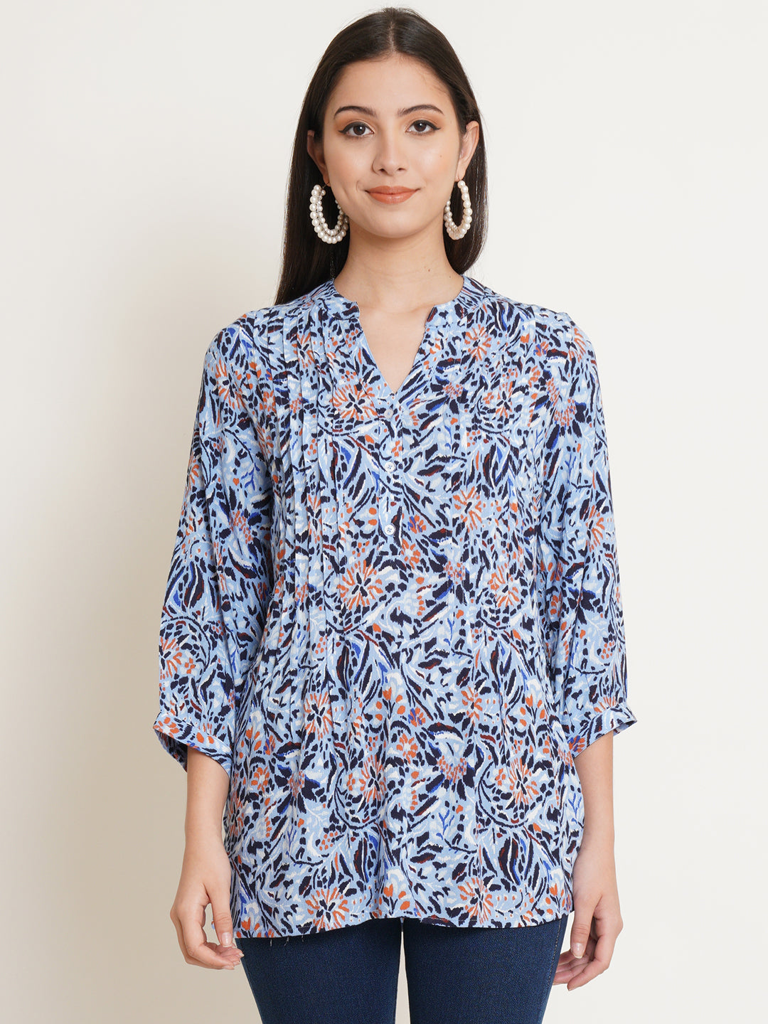 Women Blue Floral Print Pintuck Longline Top