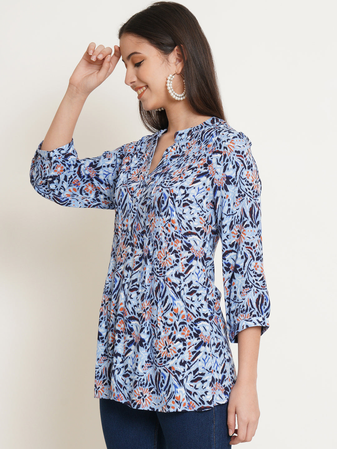 Women Blue Floral Print Pintuck Longline Top