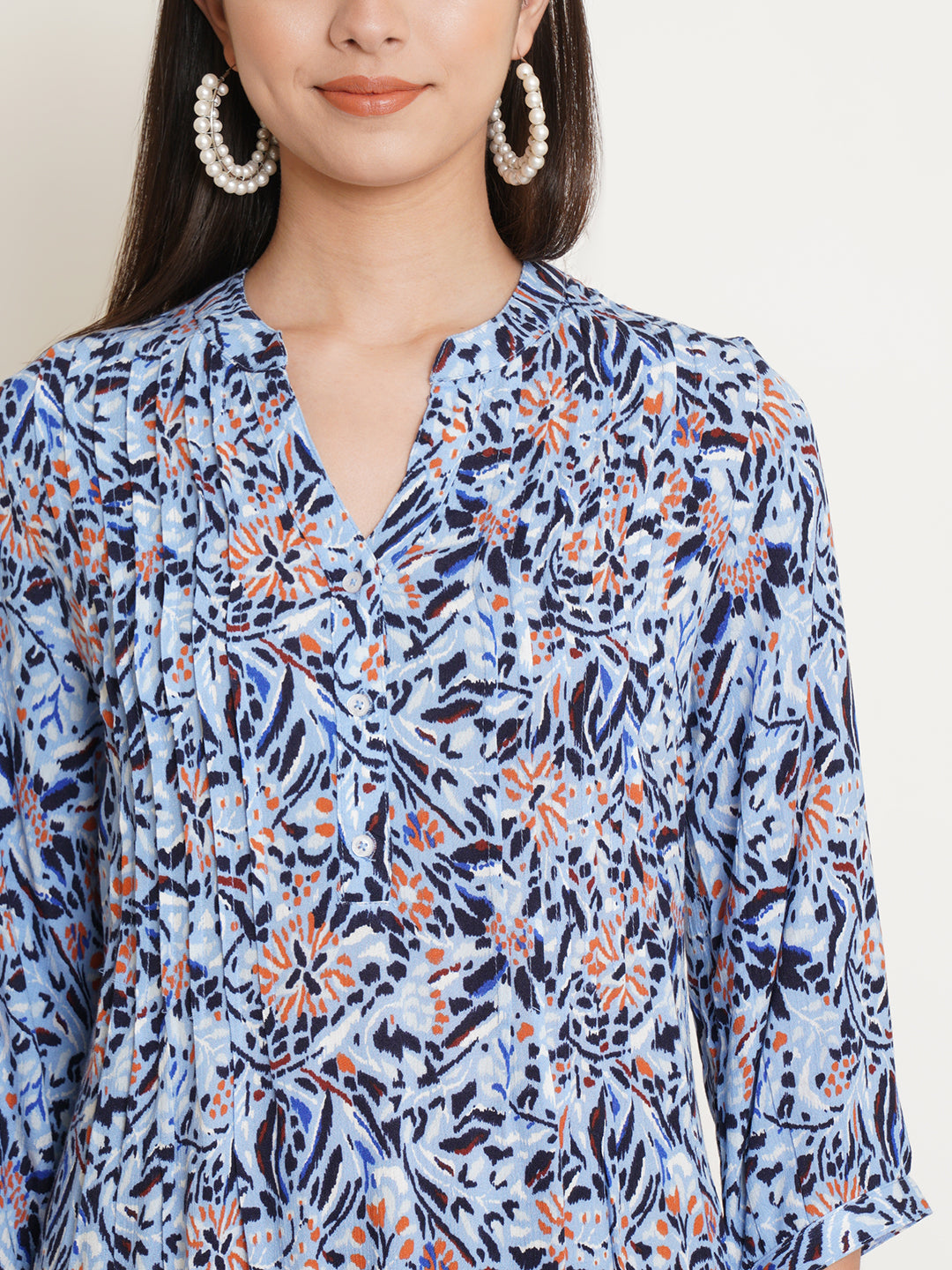 Women Blue Floral Print Pintuck Longline Top