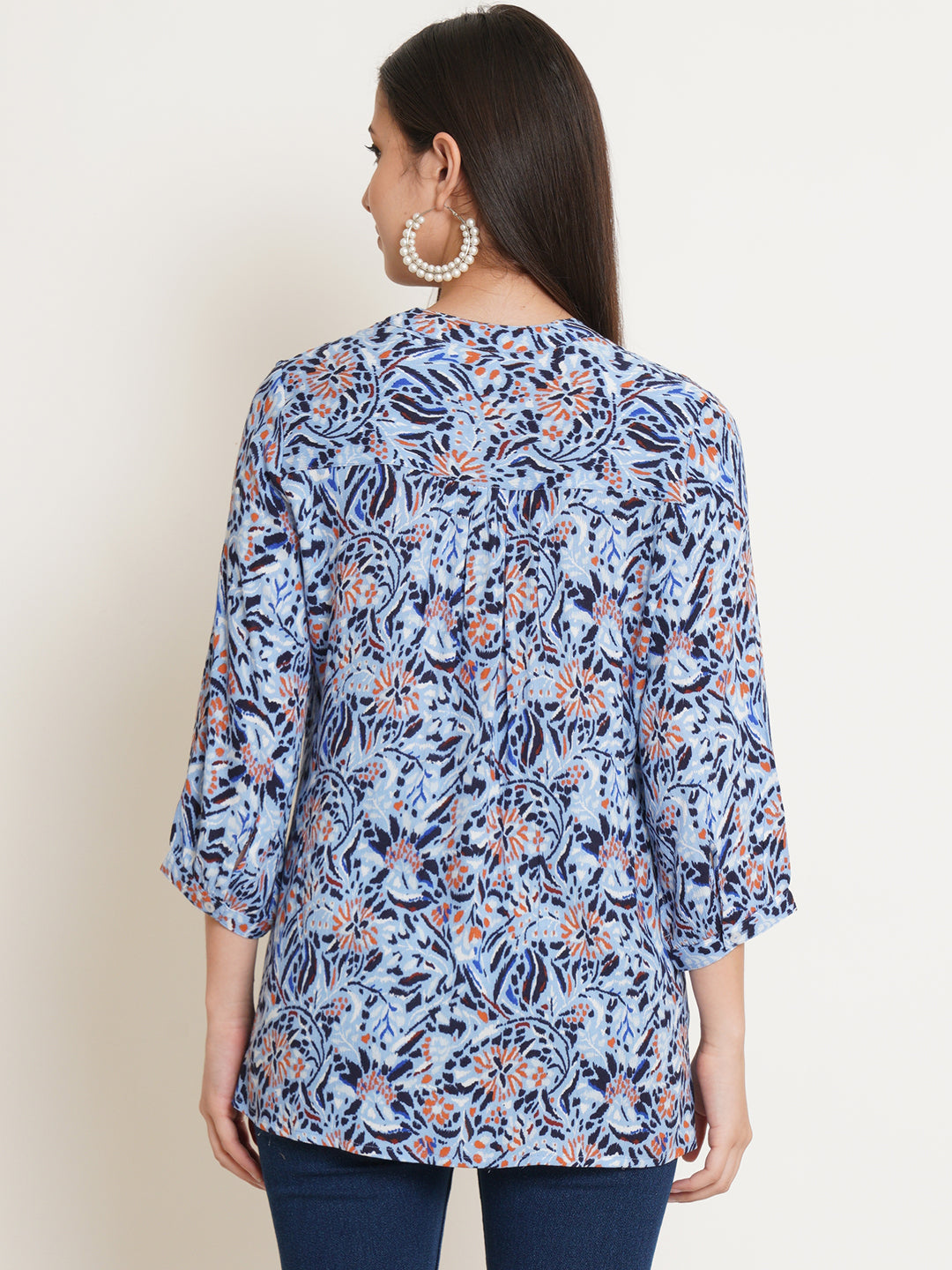 Women Blue Floral Print Pintuck Longline Top