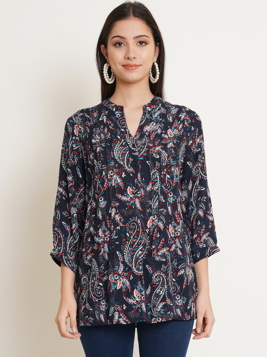 9 Impression Womans Navy Leaf Print Kurti