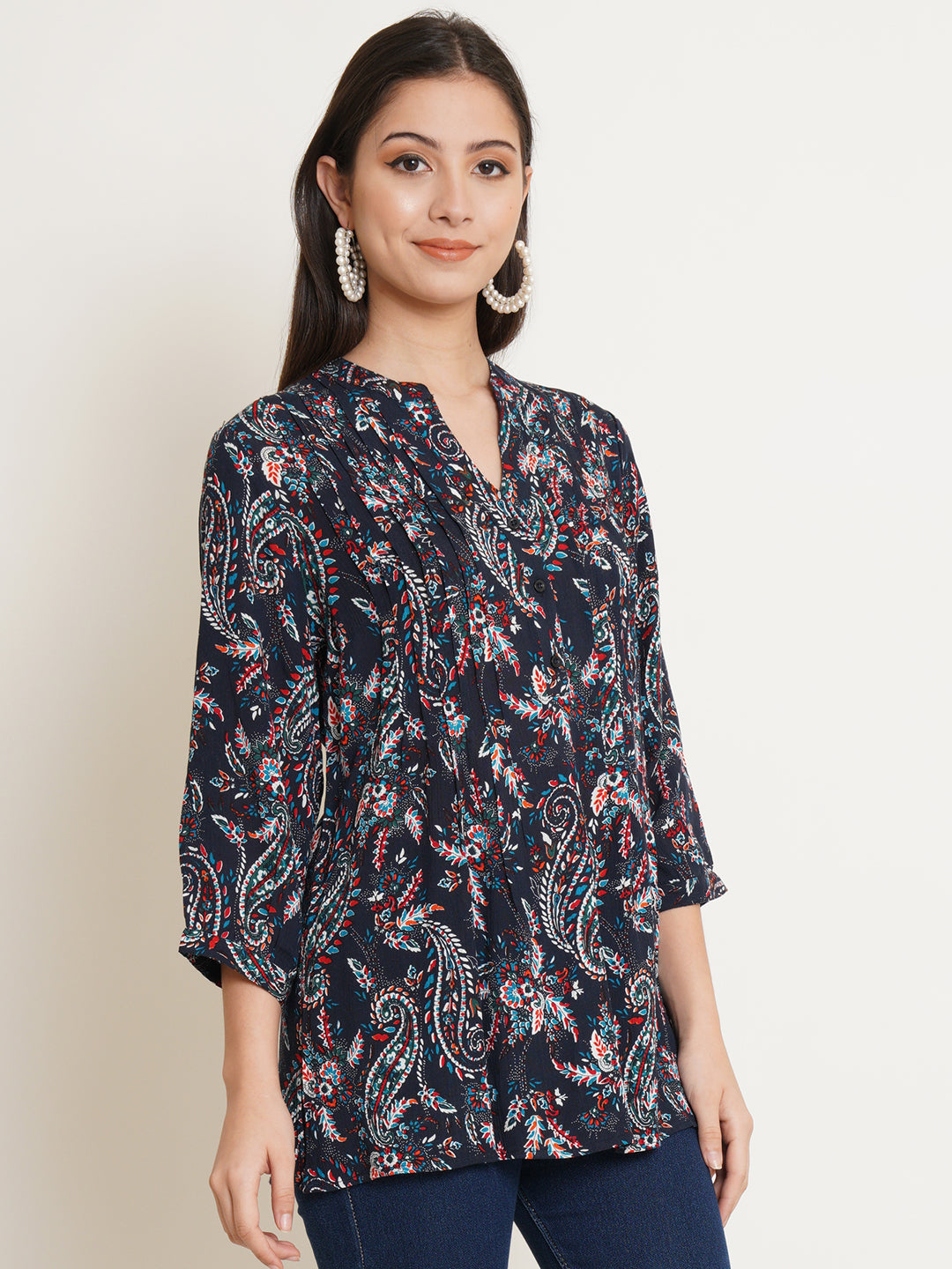 9 Impression Womans Navy Leaf Print Kurti