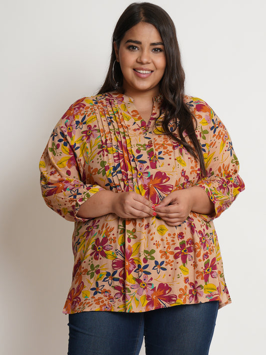 Women Mustard Floral Print Pintuck Top