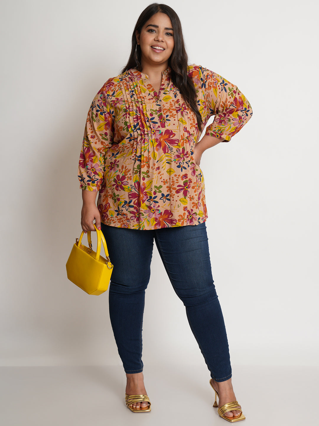 Women Mustard Floral Print Pintuck Top