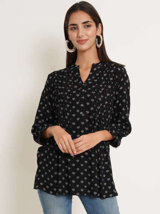 Women Black Polka Print Pintuck Top