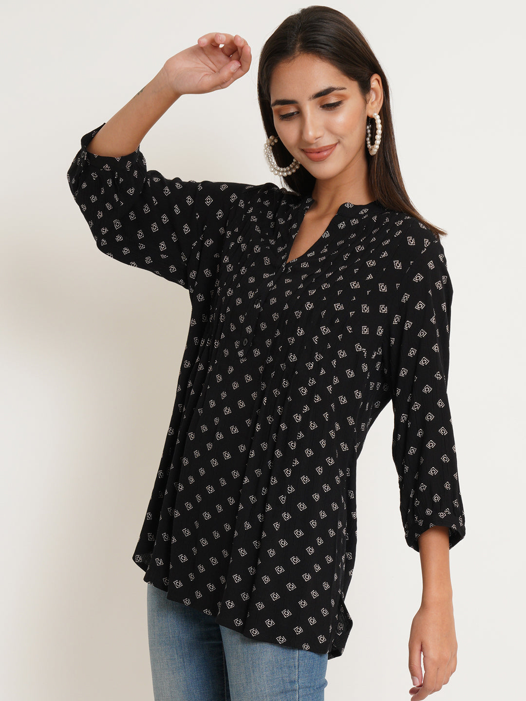 Women Black Polka Print Pintuck Top