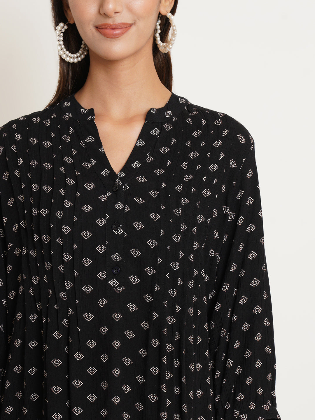 Women Black Polka Print Pintuck Top