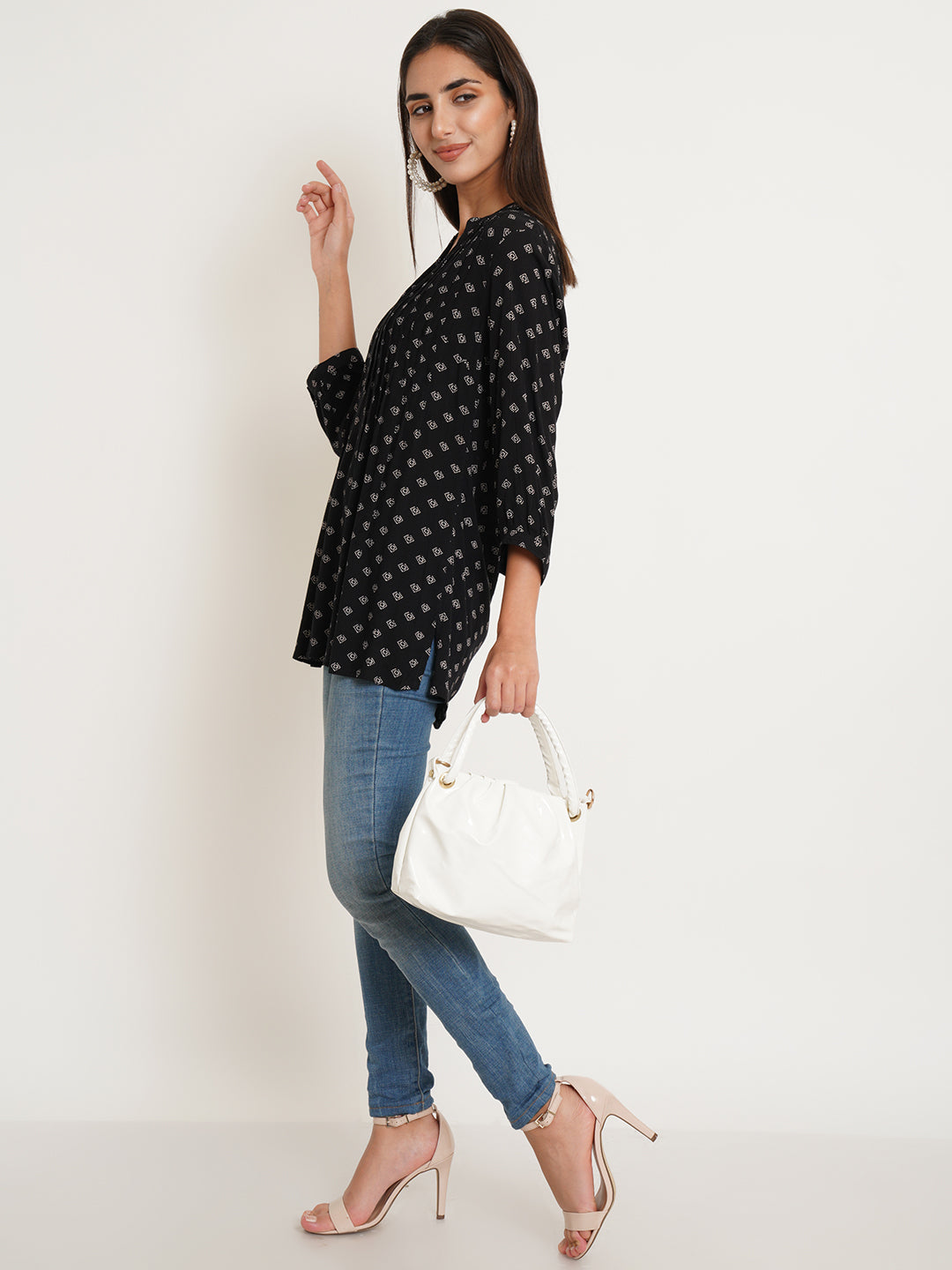 Women Black Polka Print Pintuck Top